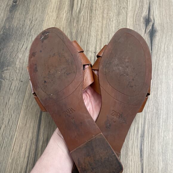 Zara Flat Crossed Slides Brown Leather Sandals Size 38 US 8 Cognac Retail $49 - Picture 6 of 6